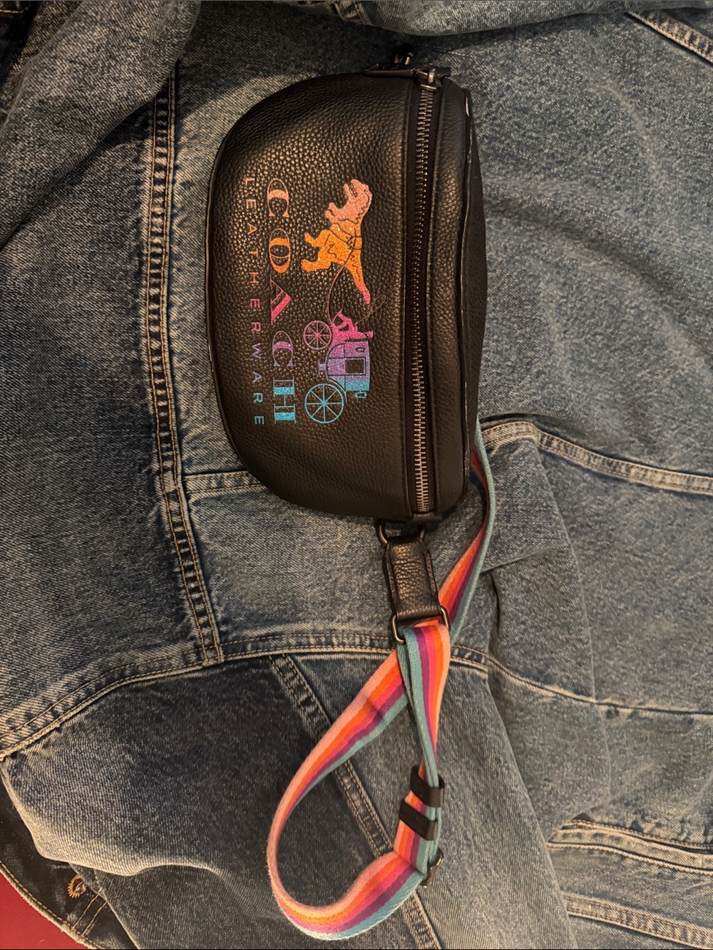 Coach Black Pebbled Leather Belt Bag with Rainbow Logo and Strap